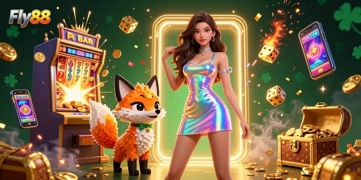 Experience thrilling gameplay at Fly88 with vibrant elements bursting from a jackpot slot machine.