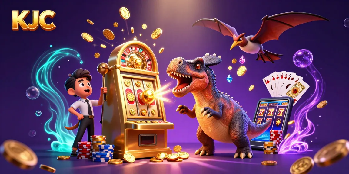 KJC casino scene featuring a pachycephalosaurus winning jackpots and dynamic casino elements.