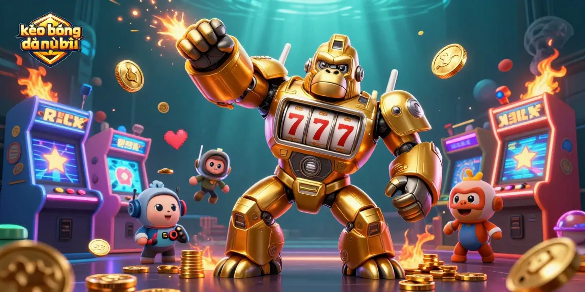 Engage with kèo bóng đá nhà cái through a dynamic illustration of a golden mech and vibrant casino elements.