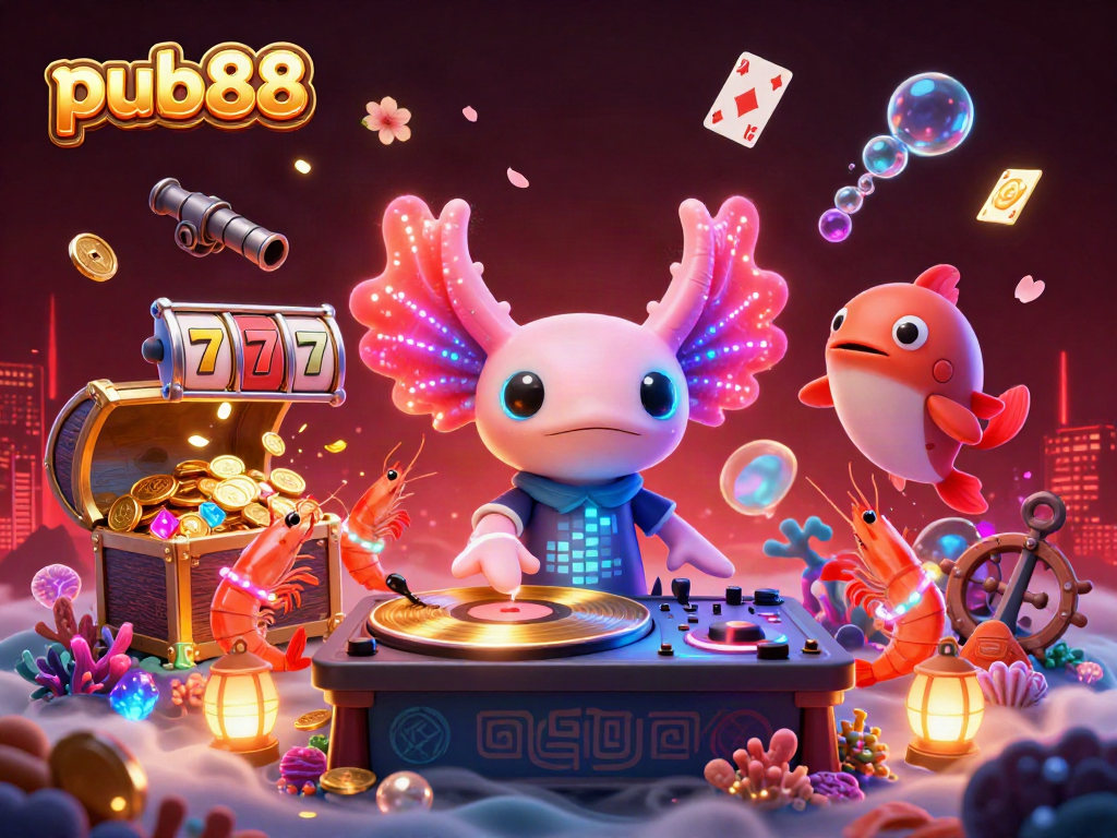 Experience the vibrant energy of pub88 with a 3D illustration showcasing a DJ, dancing shrimp, and thrilling casino elements.