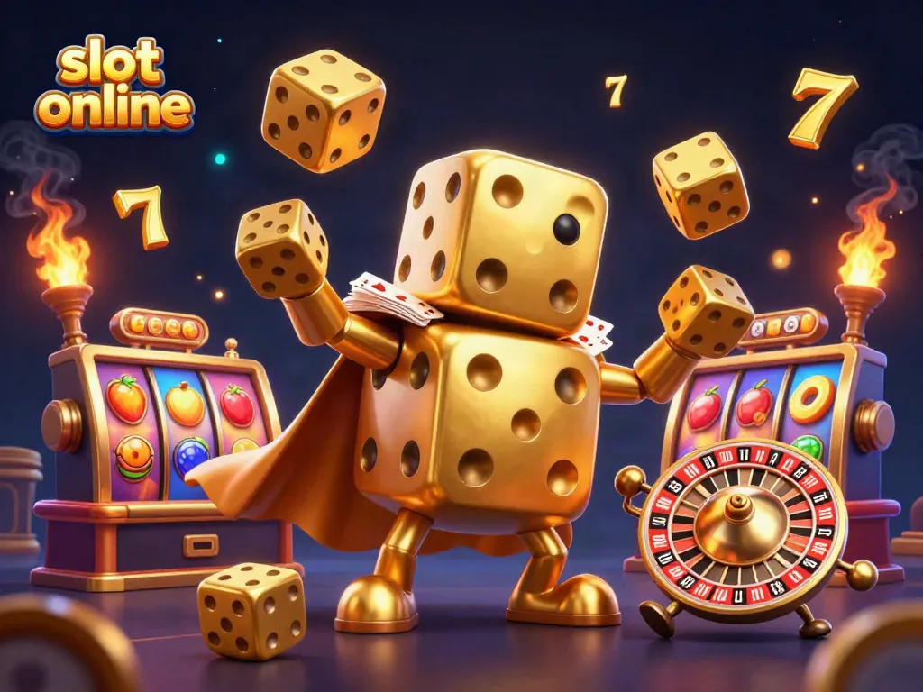 Spin to win with slot online featuring a dynamic golden dice golem accompanied by vibrant slot game elements.