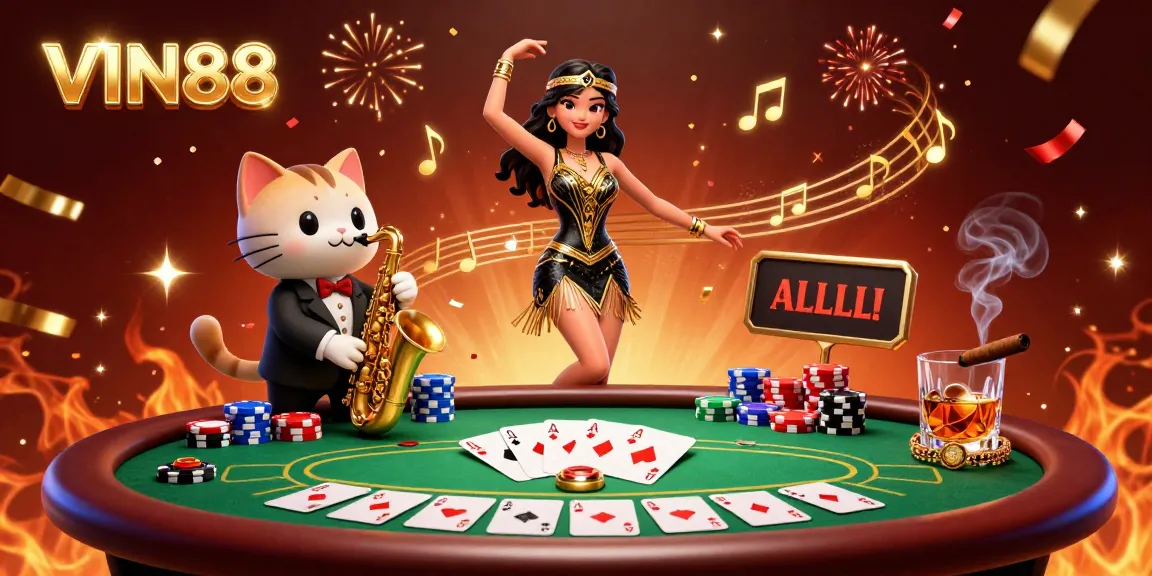 Play exciting poker at VIN88 with vibrant characters, chips, and a lively atmosphere.