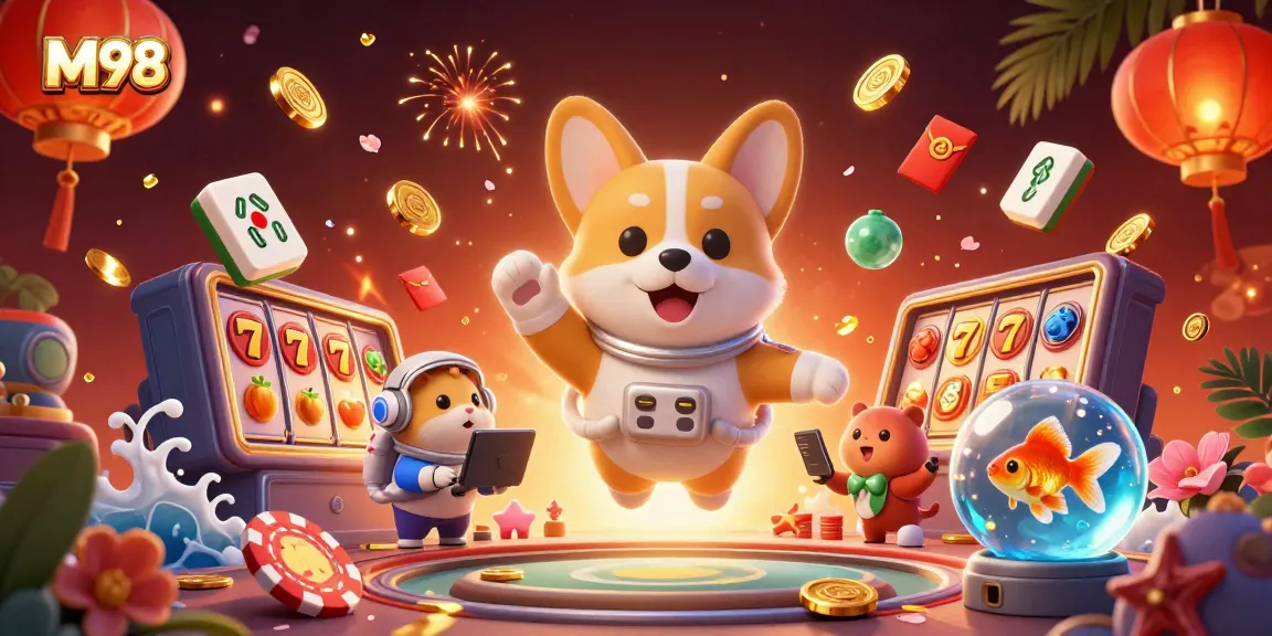 Experience M98's thrilling casino atmosphere with an astronaut corgi amidst spectacular gambling elements.
