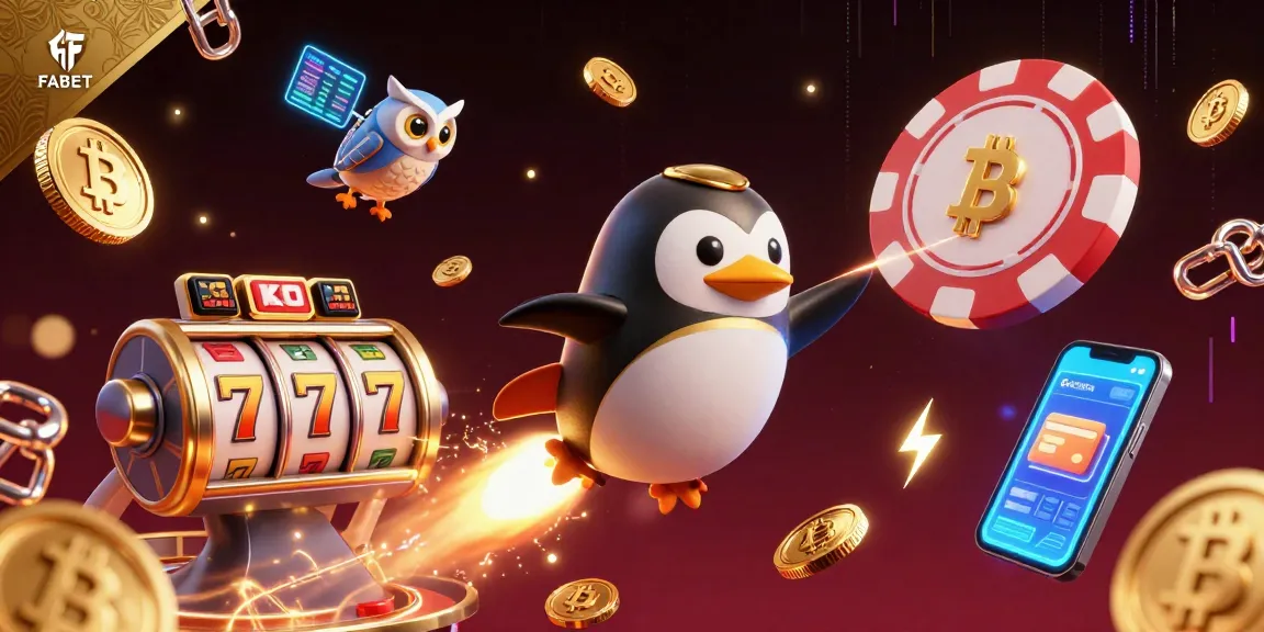 FABET penguin launches into space, surrounded by slot machines and crypto elements.