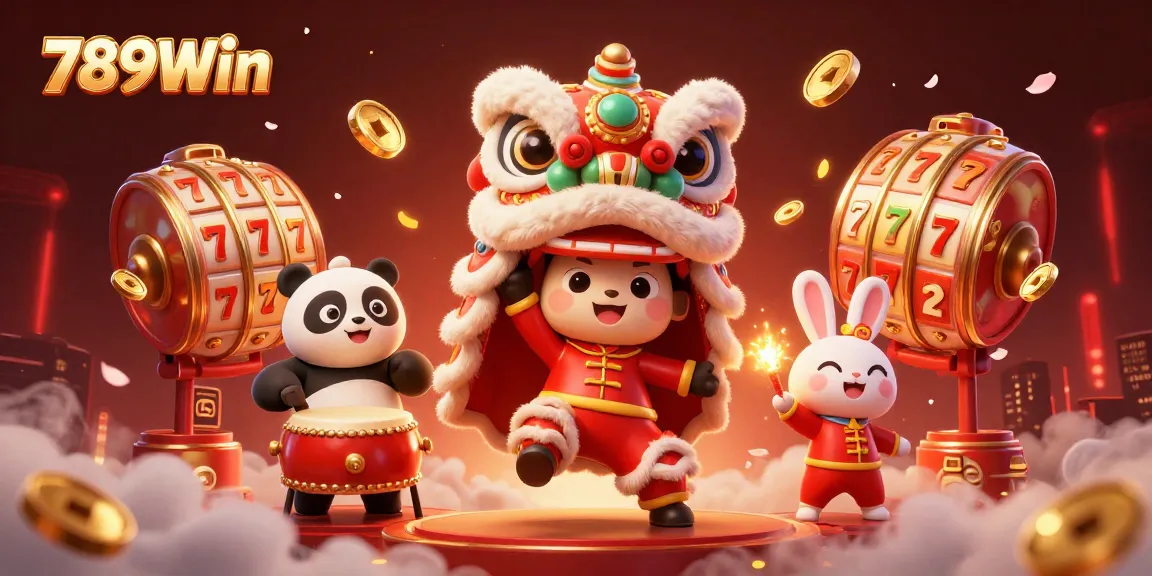 Engage in thrilling gameplay with 789Win's interactive slots scene featuring a vibrant lion dance.