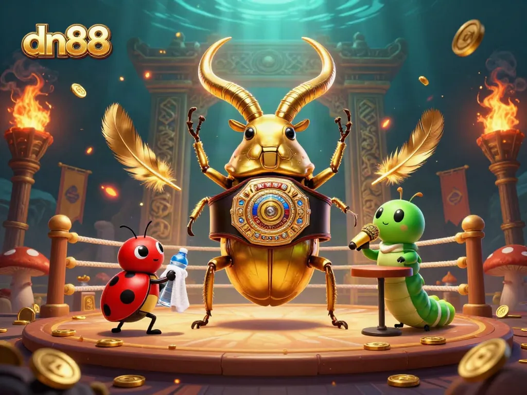 Witness the thrilling dn88 boxing match of a golden stag beetle amidst swirling gambling elements!