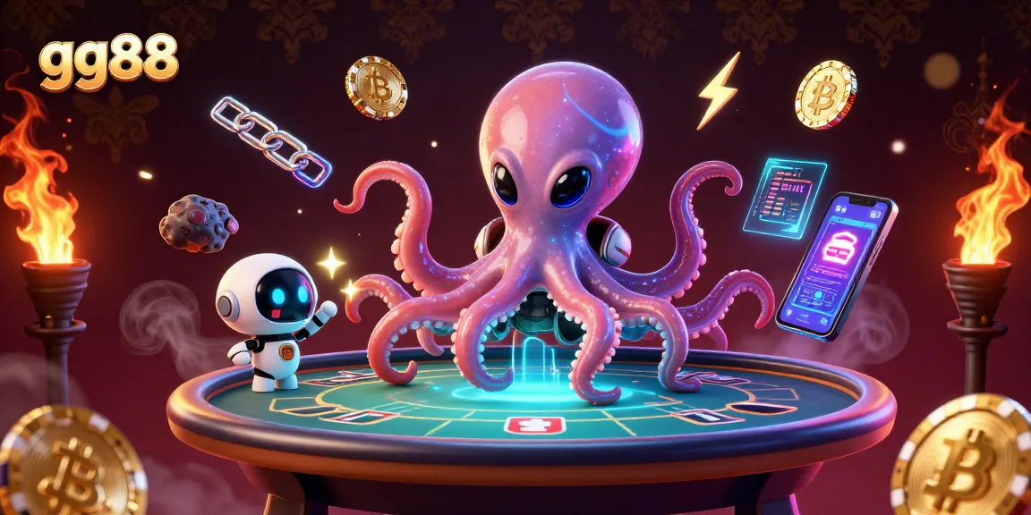 Engage in thrilling games with the alien octopus and its robot on gg88's high-tech poker table.
