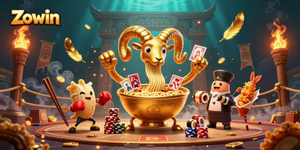 Zowin brings excitement with a giant ramen bowl dealer in a vibrant, dynamic casino scene.