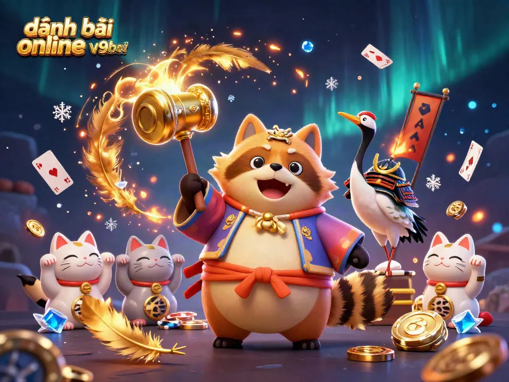 Play online card games with excitement at đánh bài online v9bet, featuring a cheerful tanuki and colorful maneki-neko.