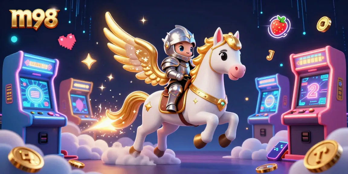 Engage with the thrilling m98 casino experience featuring a celestial horse and game icons.