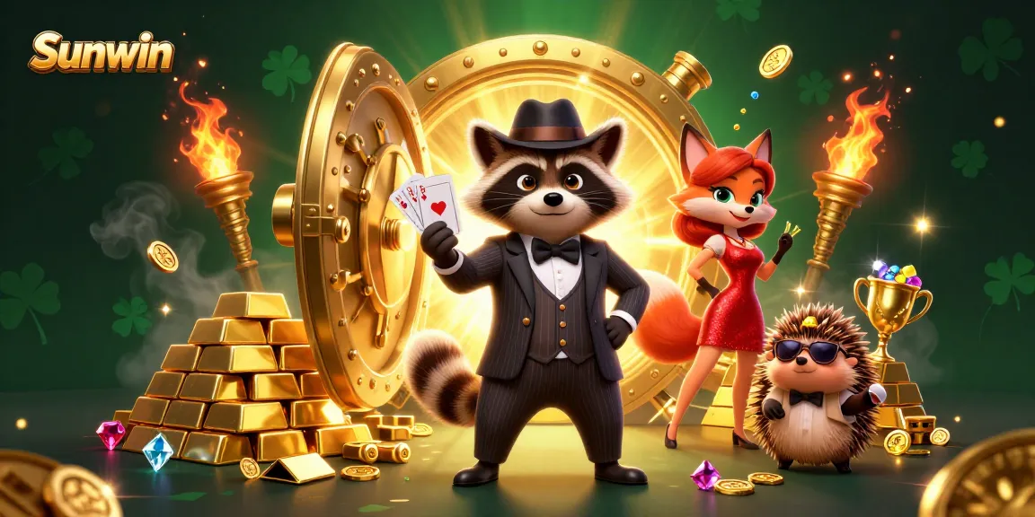Experience high-stakes gaming with Sunwin's lively casino scene featuring a raccoon and friends amidst sparkling treasures.