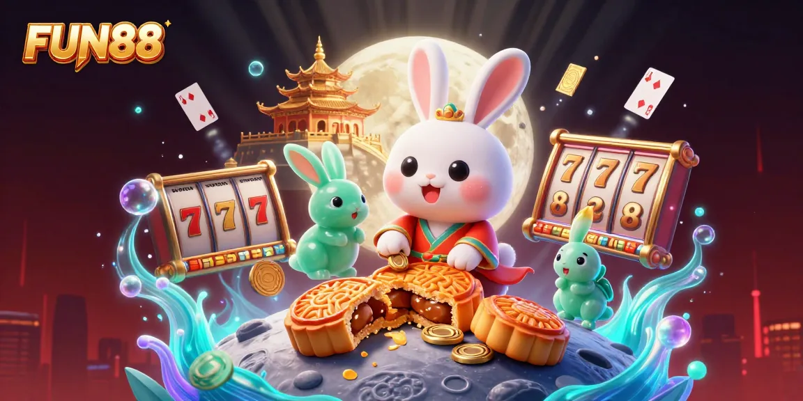 Engage in thrilling FUN88 gameplay with a lively 3D cartoon scene of a moon rabbit celebrating jackpots and poker chips.