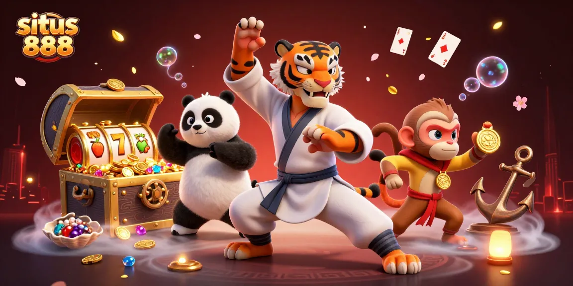 Situs 888 features an exciting 3D illustration of a kung fu tiger master and playful monkey in a colorful online casino setting.