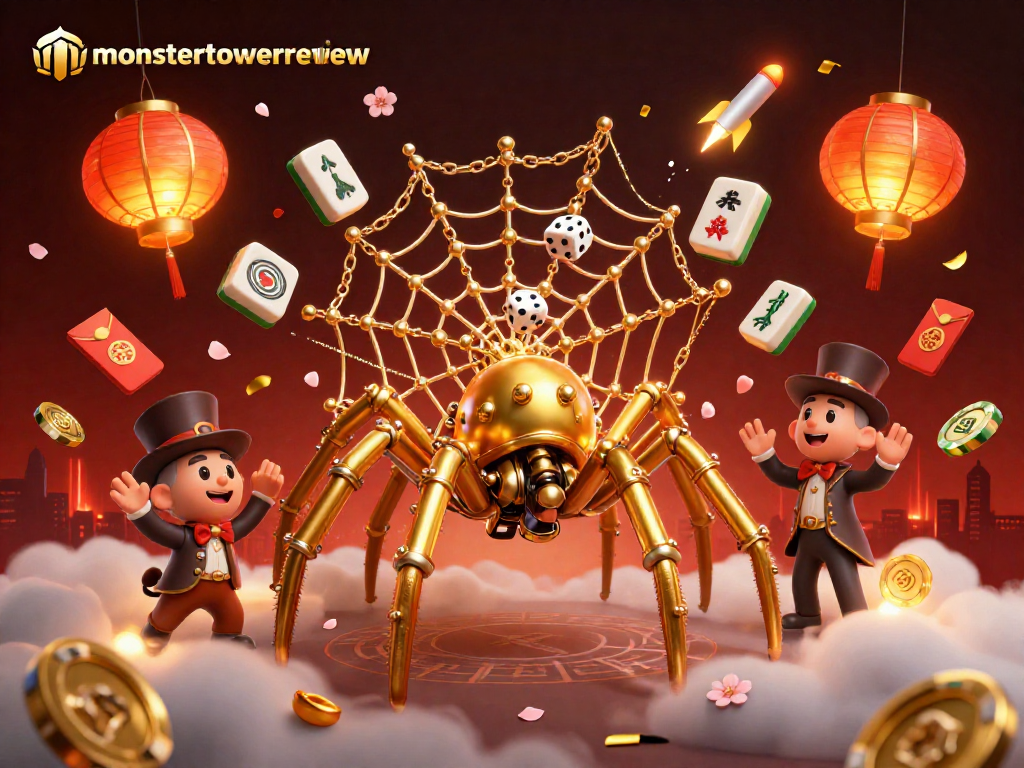 Experience thrilling gameplay with monstertowerreview as a golden spider captures dice amid vibrant casino elements.