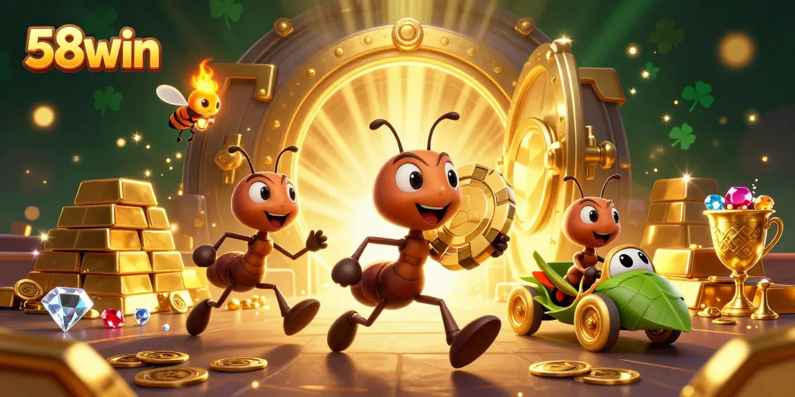 58win offers a thrilling heist scene with cartoon ants and treasures, celebrating casino excitement.