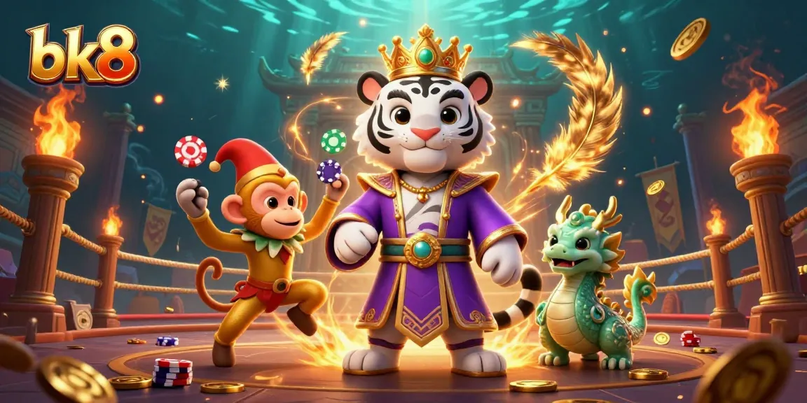 Engage with exciting bonuses at bk8 online casino featuring a majestic white tiger and playful monkey.