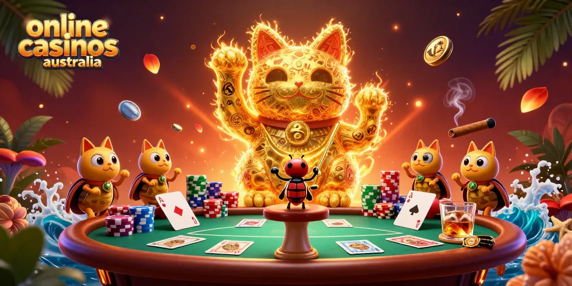Experience online casinos australia with captivating casino-themed art featuring fireflies and a lucky cat.