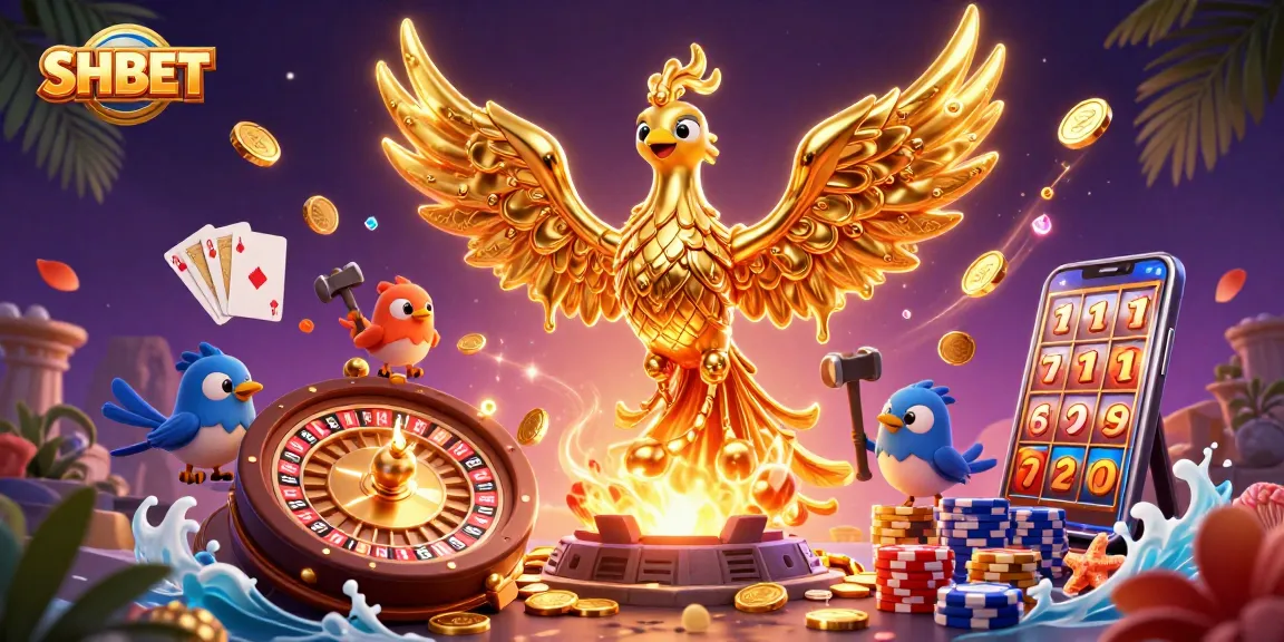 Experience the thrilling games at SHBET, featuring golden phoenix, roulette and poker chips.