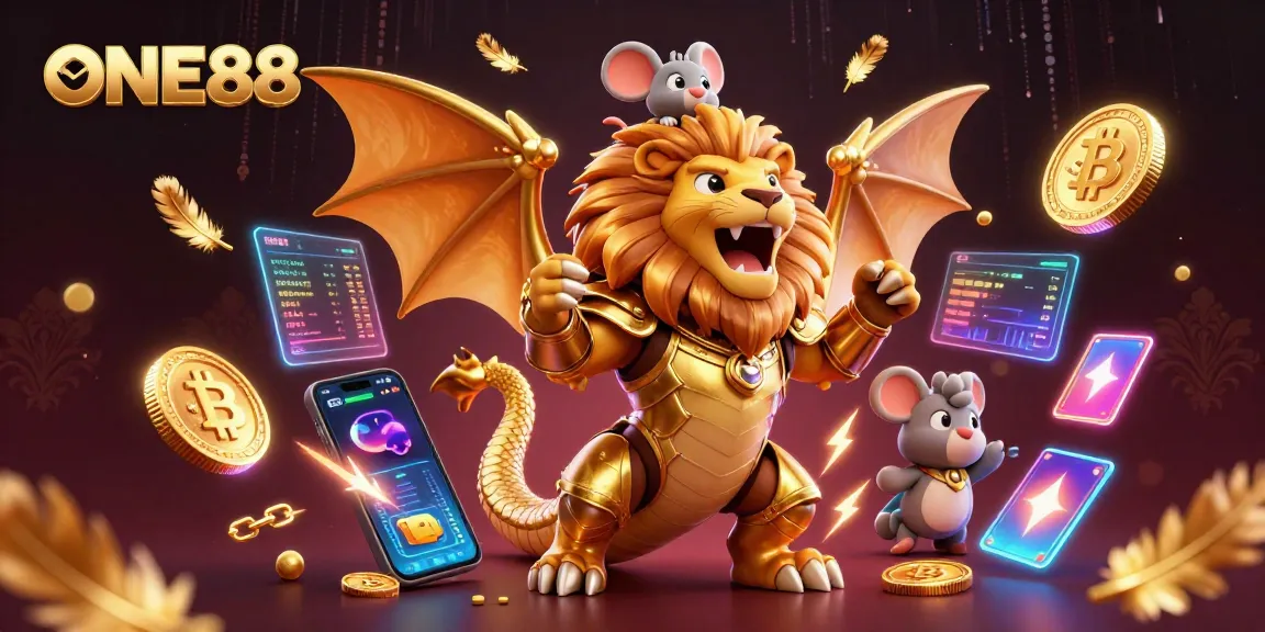 Engage with ONE88's thrilling slots through a majestic illustration featuring a chimera in golden armor.