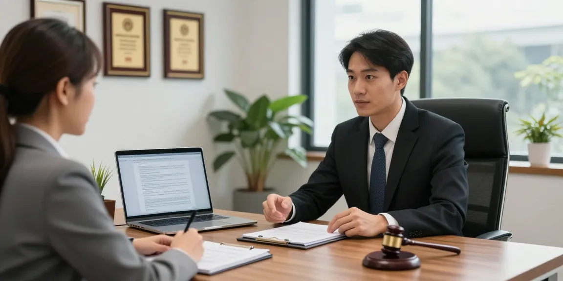 Lawyer providing legal advice in a modern office setting with client.