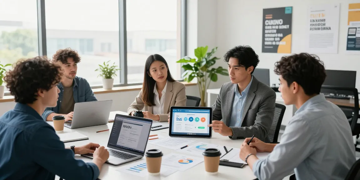 Professionals discussing the features of an O2 business account in a modern office setting.