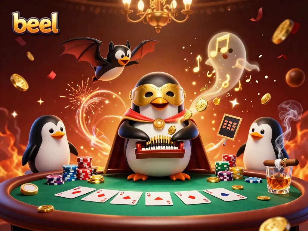 Experience the thrilling magic of beel with a 3D penguin playing organ in a vibrant casino scene.