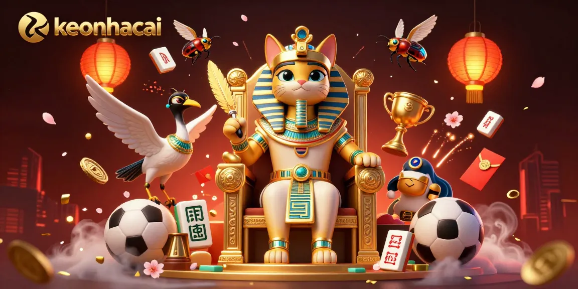 Engage with keonhacai as the Egyptian pharaoh cat presides over a vibrant sports betting scene.