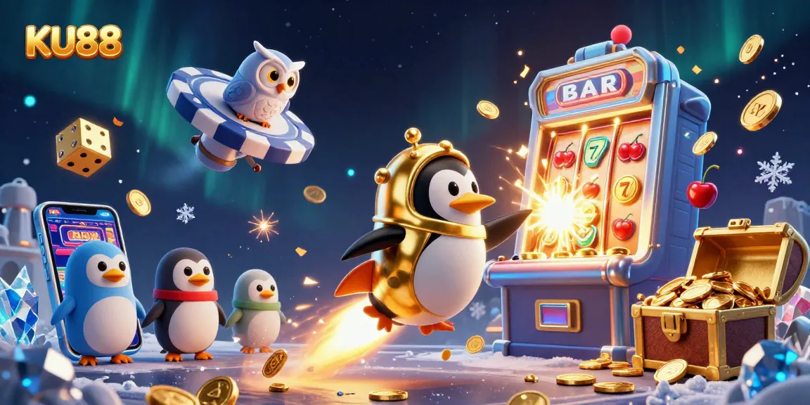 KU88 slot explosion features a lively golden penguin in a dynamic casino illustration filled with vibrant gaming elements.