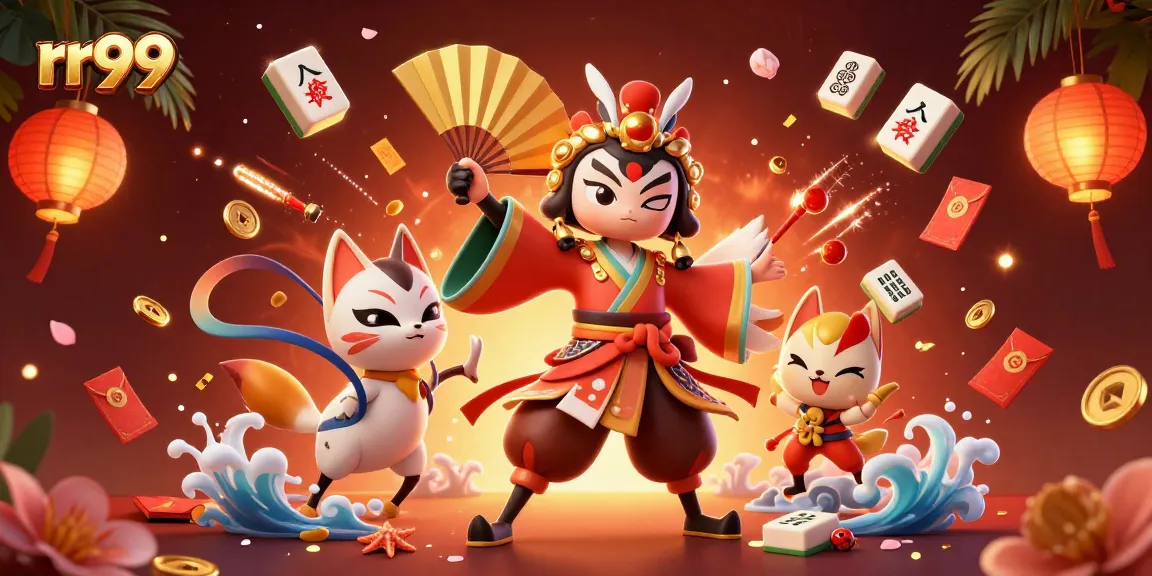 Experience thrilling gameplay at rr99 with a dynamic 3D casino illustration showcasing a kabuki warrior and kitsune mask.