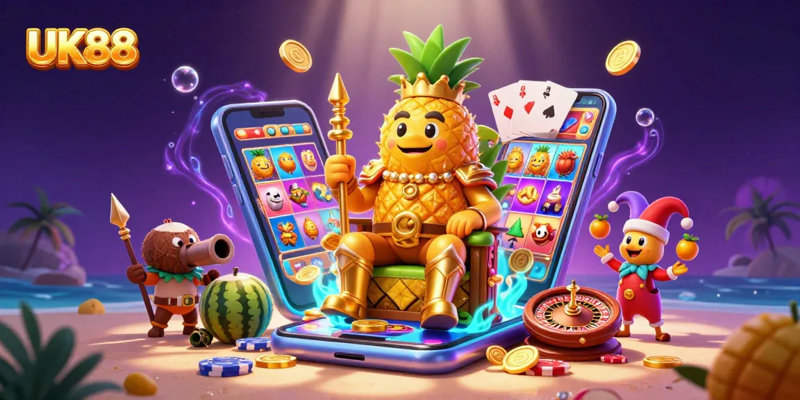 Immerse in UK88's vibrant casino scene featuring a golden pineapple king and slot game elements.