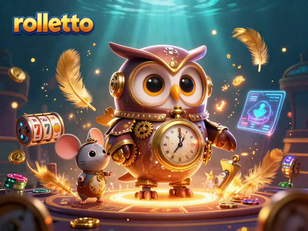 Engage with rolletto's vibrant casino adventure, featuring a whimsical owl in steampunk gear amidst colorful gambling elements.