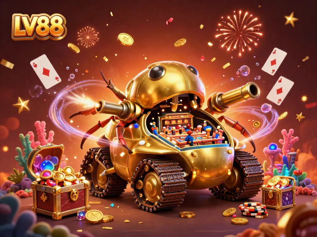 Experience the thrill of LV88 with a vibrant 3D casino-themed illustration showcasing dynamic gaming elements.