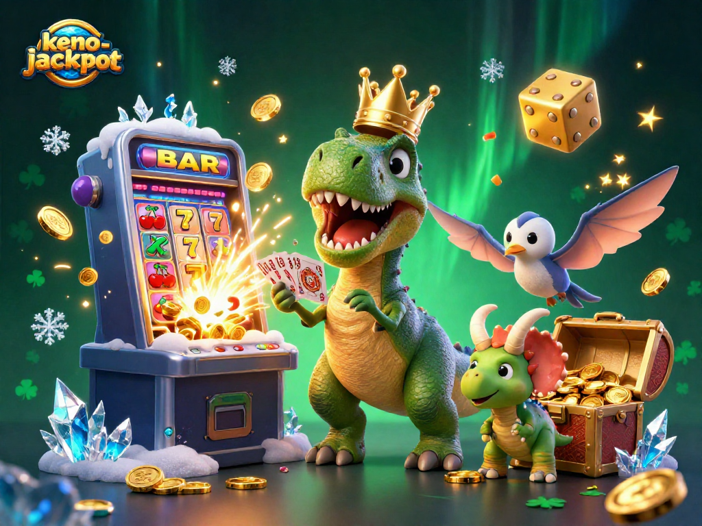 Experience the excitement of keno-jackpot with animated characters celebrating big wins in a vibrant casino scene.