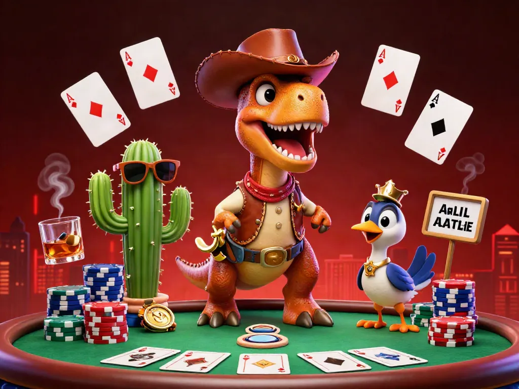 Engage in thrilling poker action with 9bet, featuring lively casino characters and vibrant game elements.