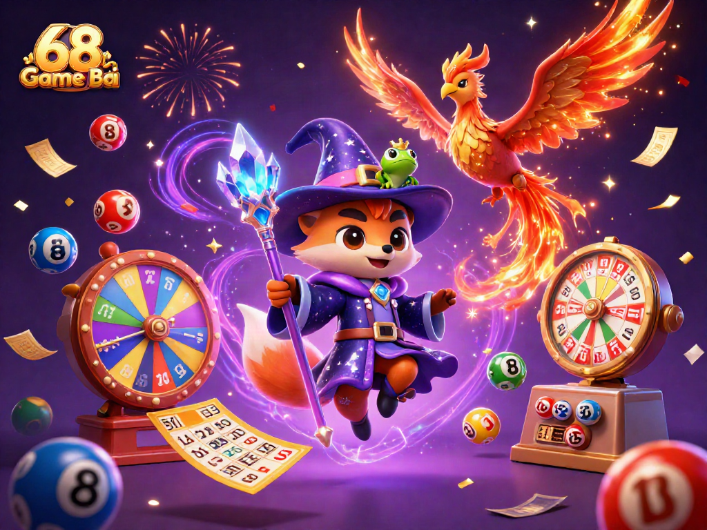 Engaging scene representing 68 Game Bài with a wizard fox, phoenix, and gambling elements creating vibrant energy.