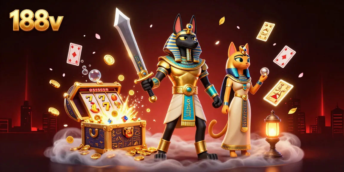 Experience the thrilling moments at 188v with Anubis and Bastet amidst vibrant casino elements and treasures.