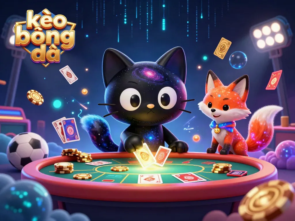 Engaging scene of kèo bóng đá featuring a black hole cat and a nebula fox at a cosmic casino table.