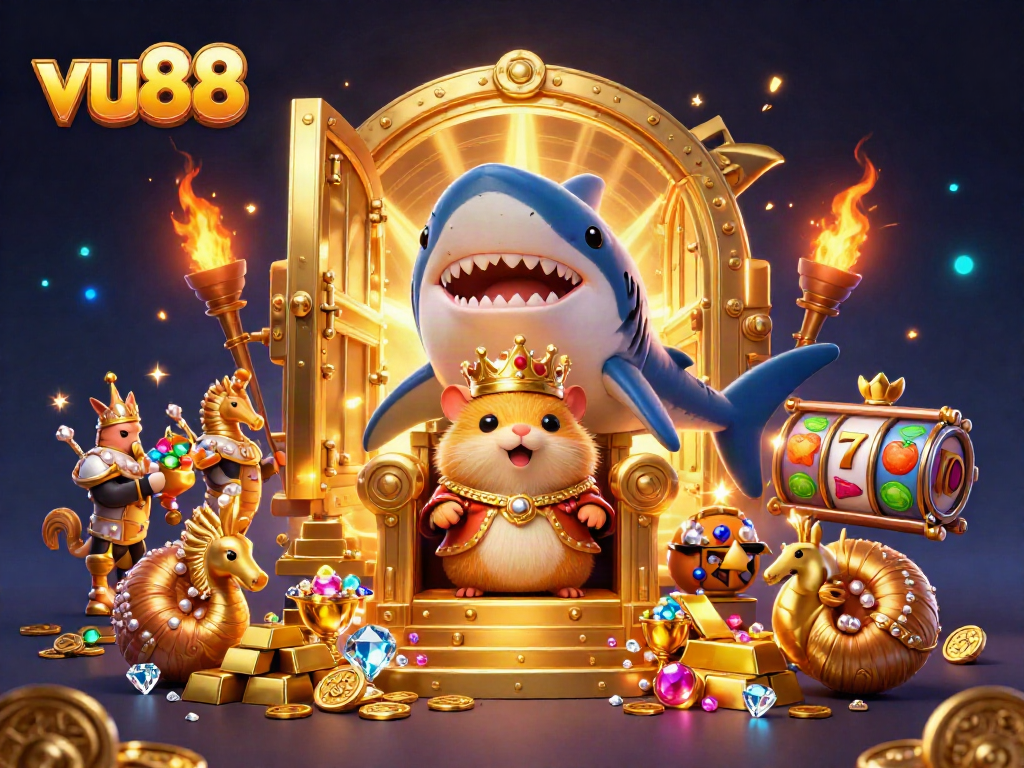 Experience epic wins at vu88 with a golden hamster king in a vibrant, treasure-filled casino scene.
