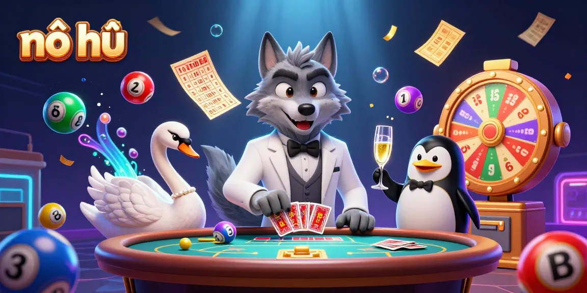 Engage with nổ hũ gameplay through vibrant casino graphics and animated lottery elements.