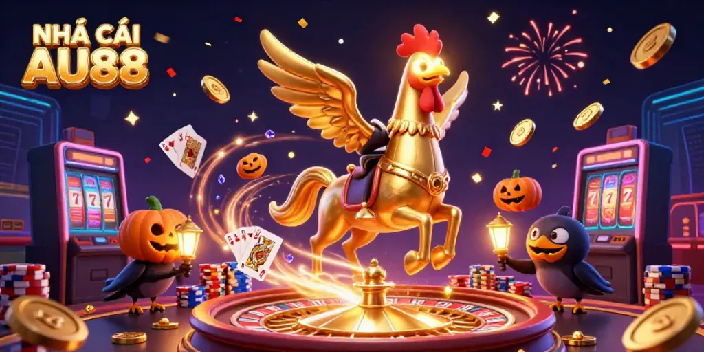 Engage with NHÀ CÁI AU88 through a vibrant casino scene featuring a golden rooster and exciting gaming elements.
