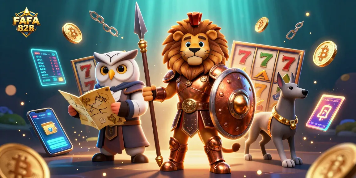 FAFA 828 slot gaming scene featuring a Spartan lion, an owl strategist, and a greyhound messenger with dynamic casino elements.