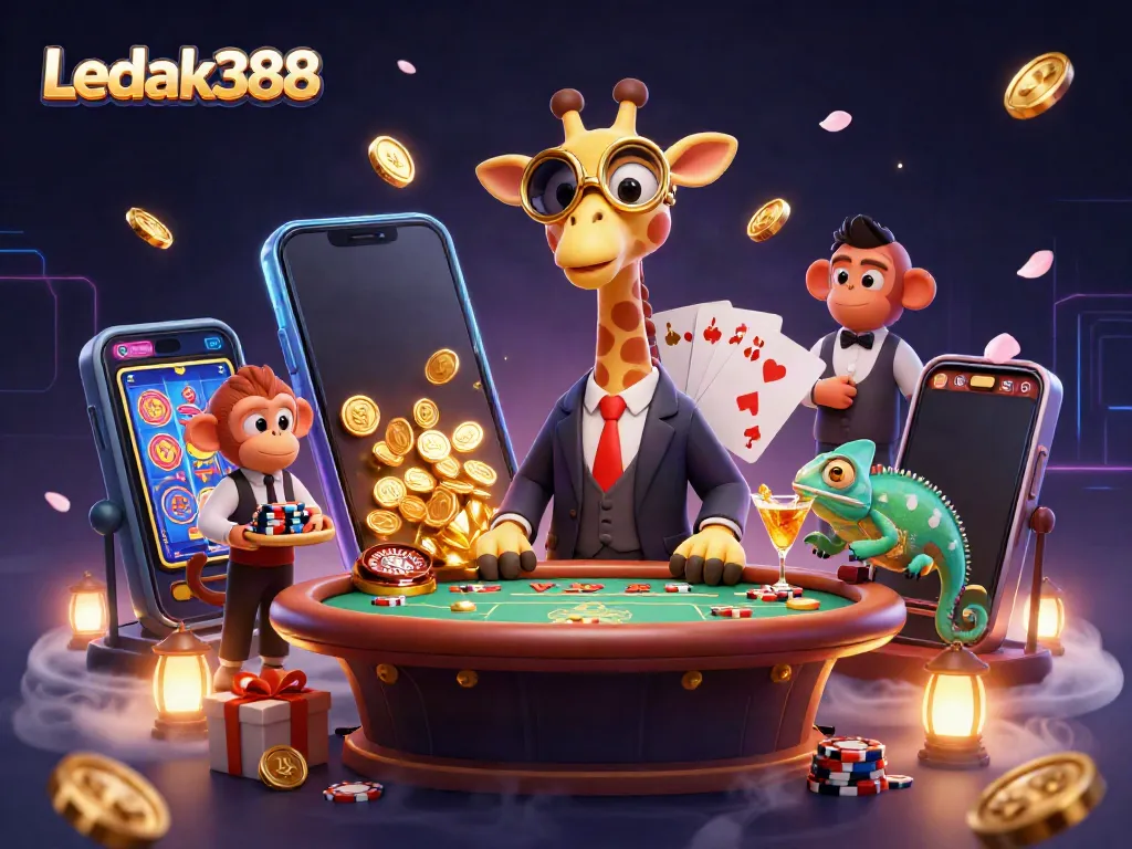 Experience the lively gaming scene at Ledak388 with animated characters and casino elements, showcasing vibrant interactions.
