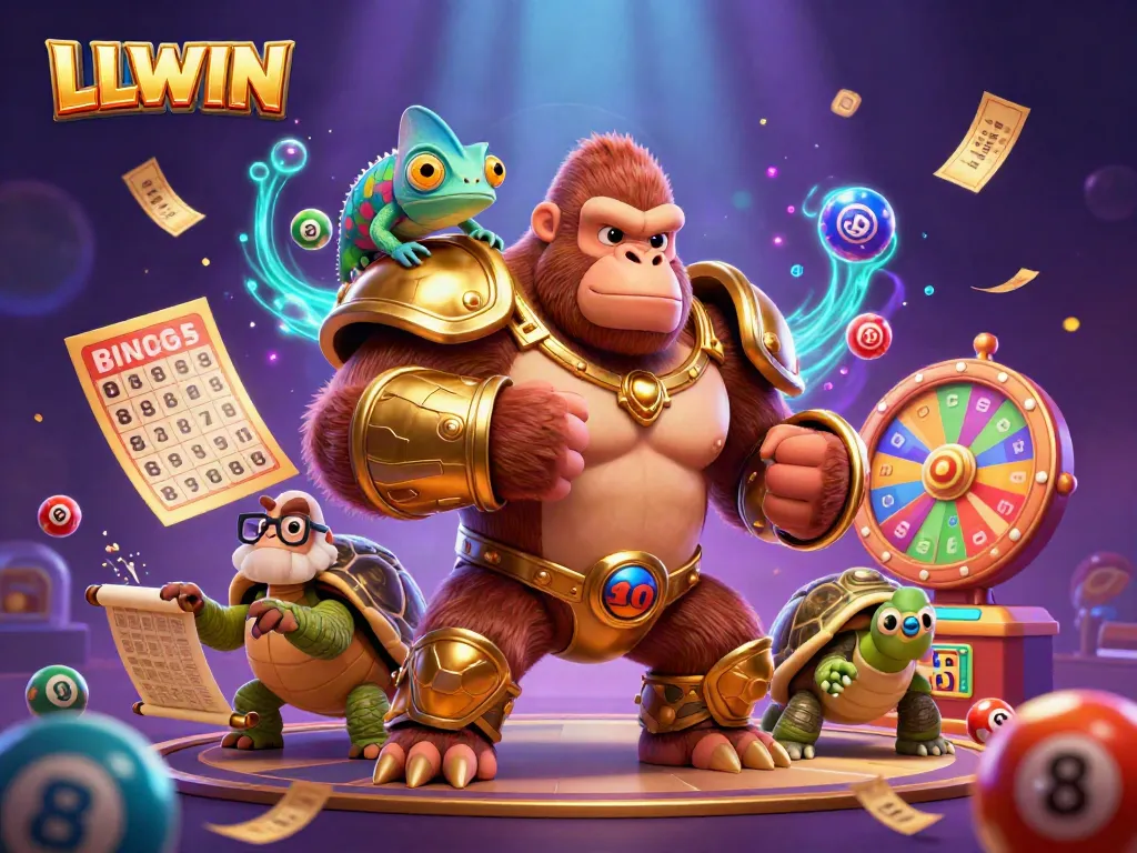 LLWIN showcases a vibrant 3D casino scene with a gorilla king, chameleon, and tortoise among dynamic gambling elements.