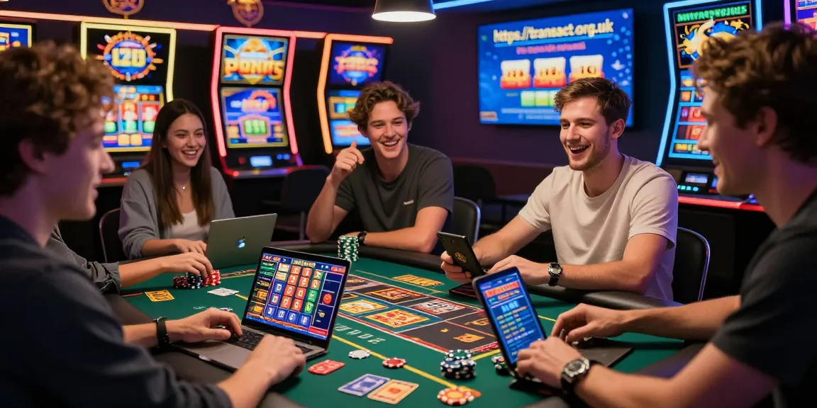 Friends enjoying online gaming at https://transact.org.uk, showcasing slot games and casino excitement.