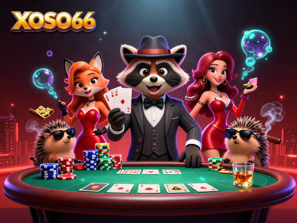XOSO66 transforms poker excitement featuring a suave raccoon, a flashy fox lady, and a stylish hedgehog bouncer.