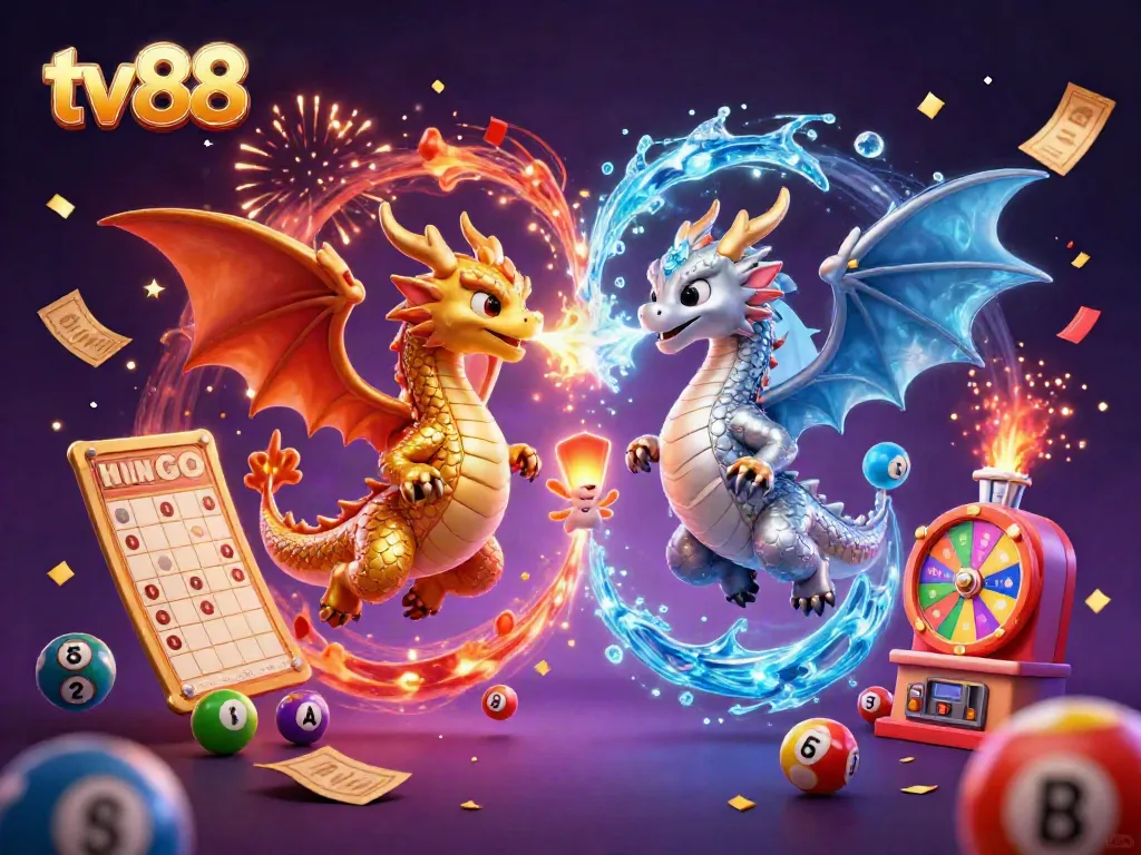 Engage with thrilling slots and lottery fun at tv88, depicted through magical dragons and vibrant game elements.
