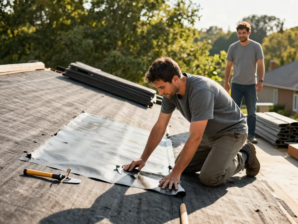 Applying a modern felt roof with professional care, showcasing teamwork and quality craftsmanship in home improvement.