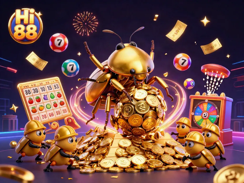 Experience the excitement of Hi 88 casino with a lively illustration of a golden beetle symbolizing wealth.