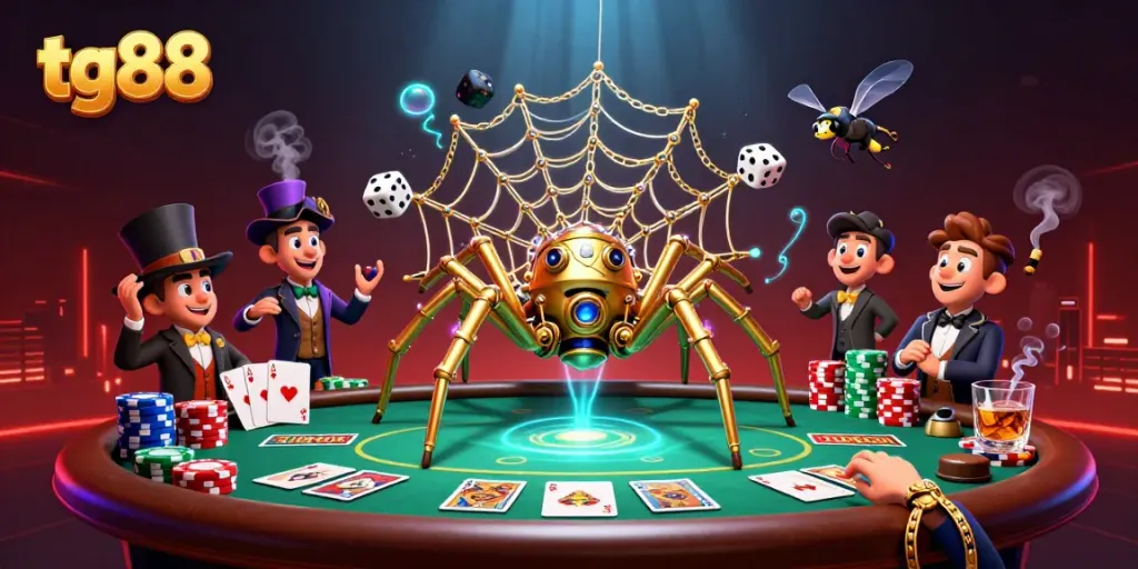 Experience tg88 action with a lively steampunk spider, poker game, and whimsical gentleman in a rich casino scene.