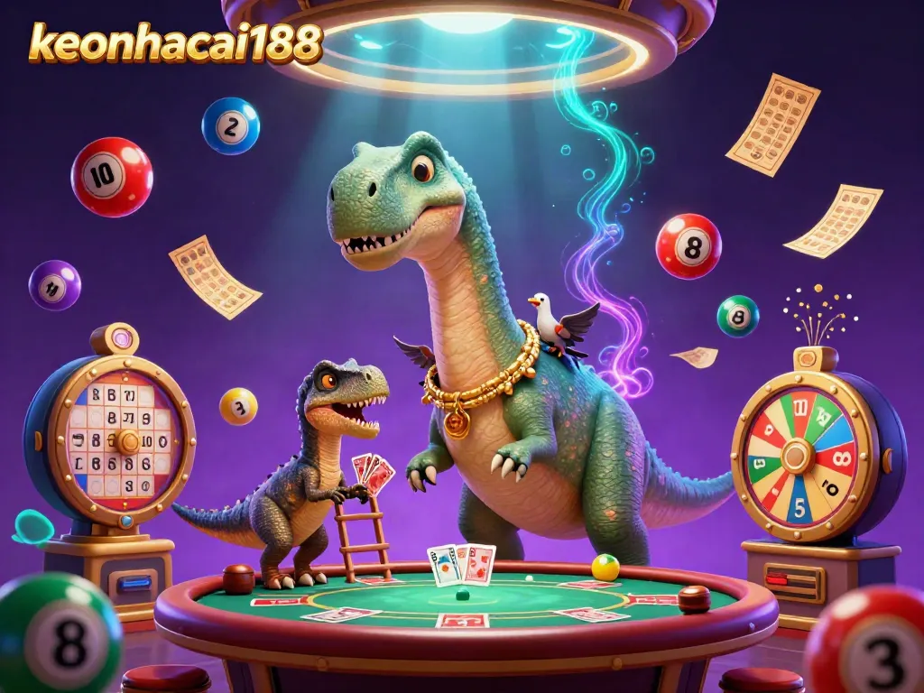 Experience thrilling fun with keonhacai188's dynamic gaming scene, showcasing colorful lottery elements and a vibrant atmosphere.